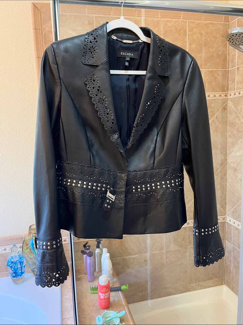Escada Black Laser-Cut Studded Leather Jacket